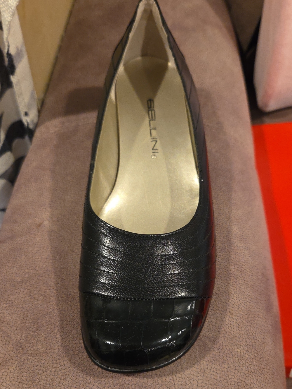 Bellini Black Leather Square-Toe Flat with Croc-Effect Cap